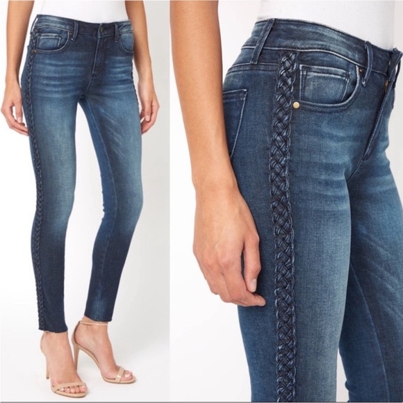 DRIFTWOOD Denim - Driftwood Jackie Blue Braided Side Stripe Cropped Raw Hem Jeans Women’s Size 28